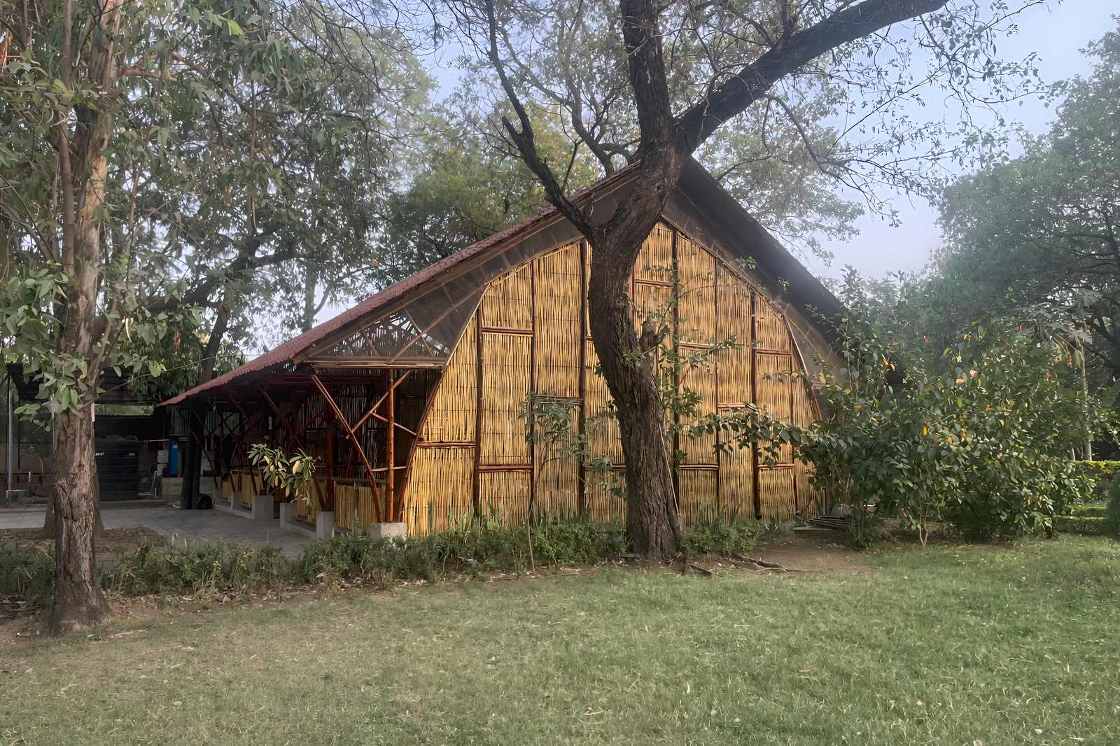 Community Space facade — bamboo hall entrance at Snehanchal Nagpur
