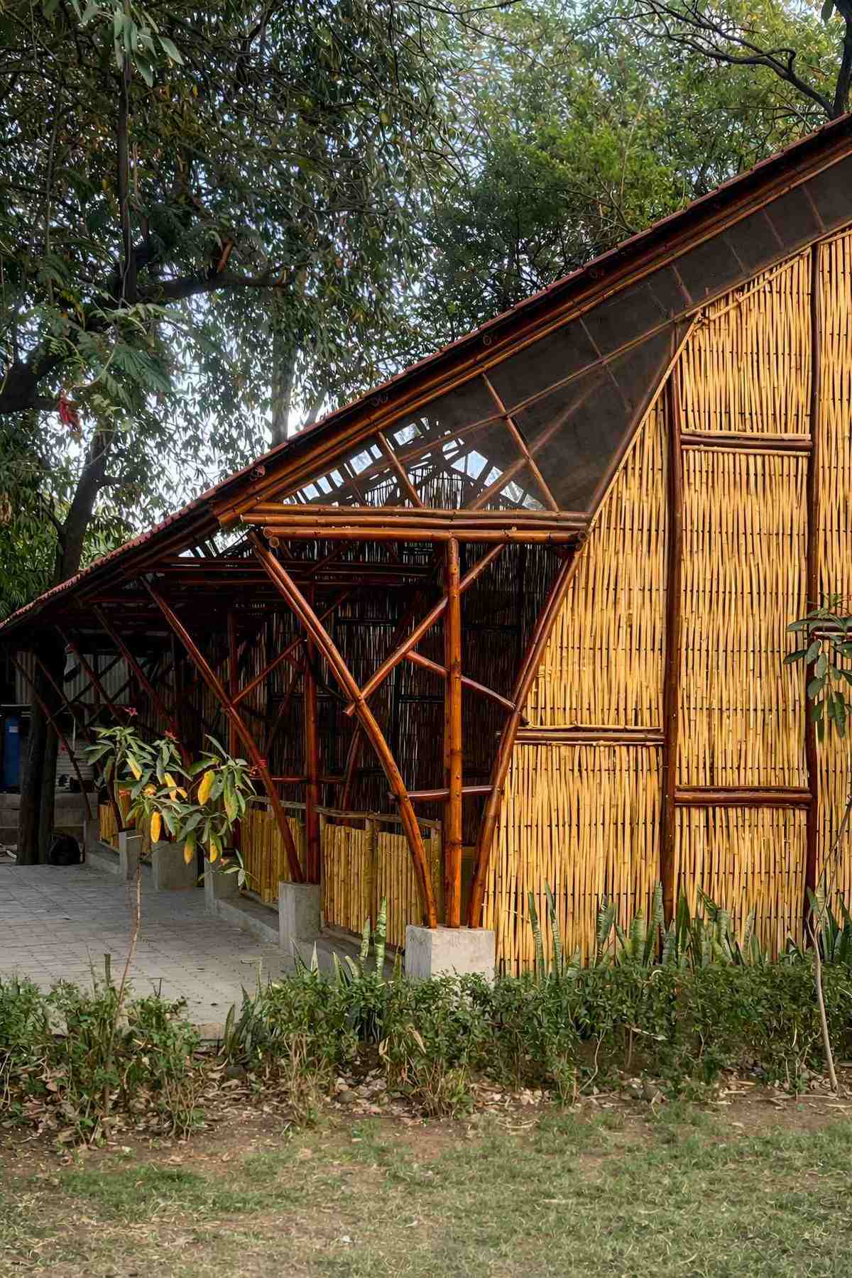 Community Space — corner detail showing bamboo column and panel connection