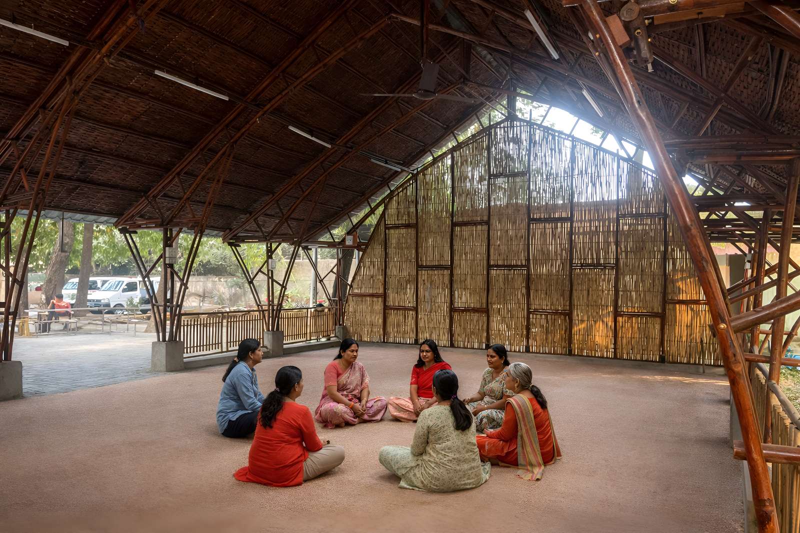Interior — view toward bamboo screen walls and filtered daylight