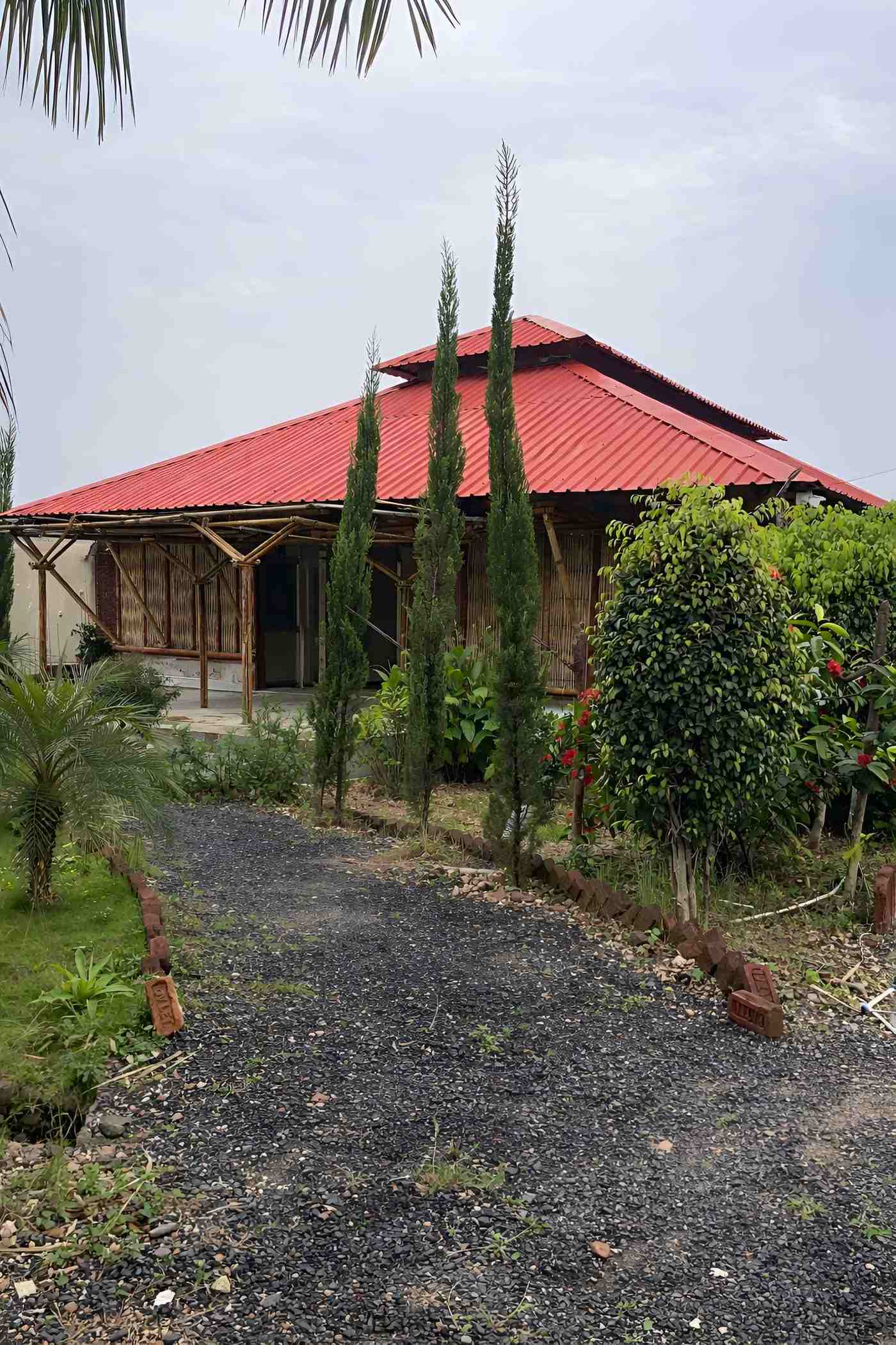 Conference hall from the garden — full structure with forest backdrop
