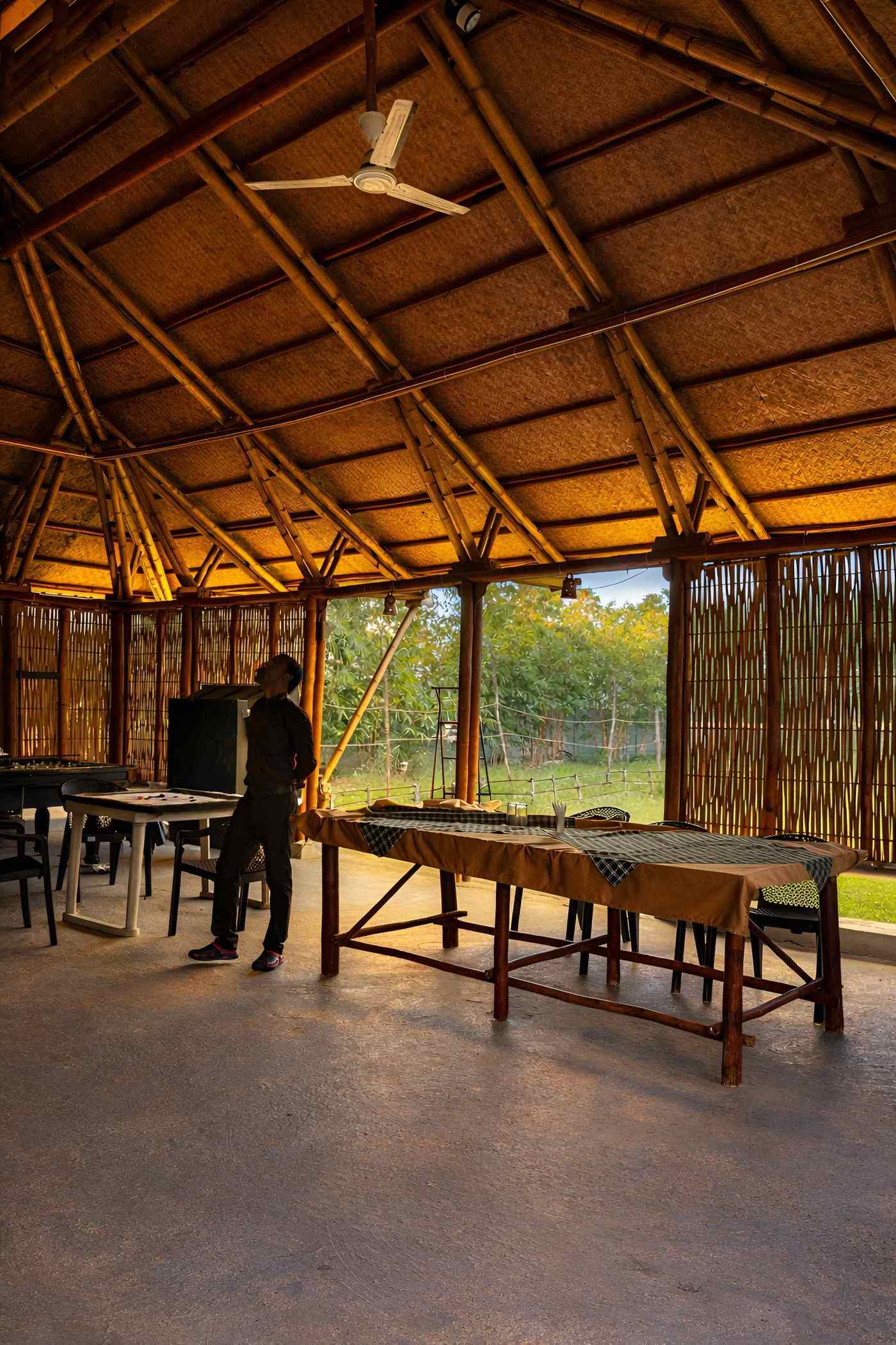 Bamboo roof truss close-up — structural joinery detail