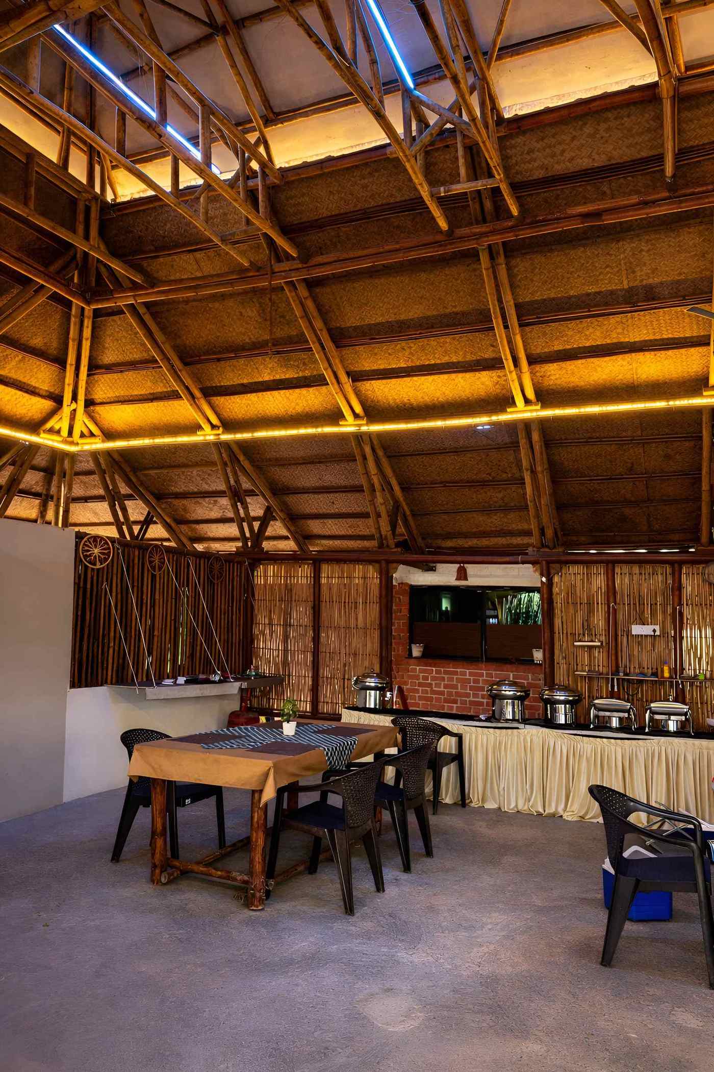 Interior ceiling showing bamboo purlin and rafter system
