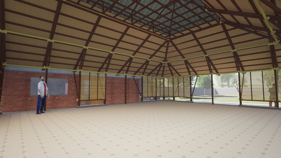 Early structural frame with bamboo columns being raised