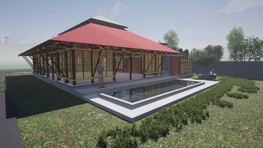 Roof structure taking shape with bamboo beams and purlins