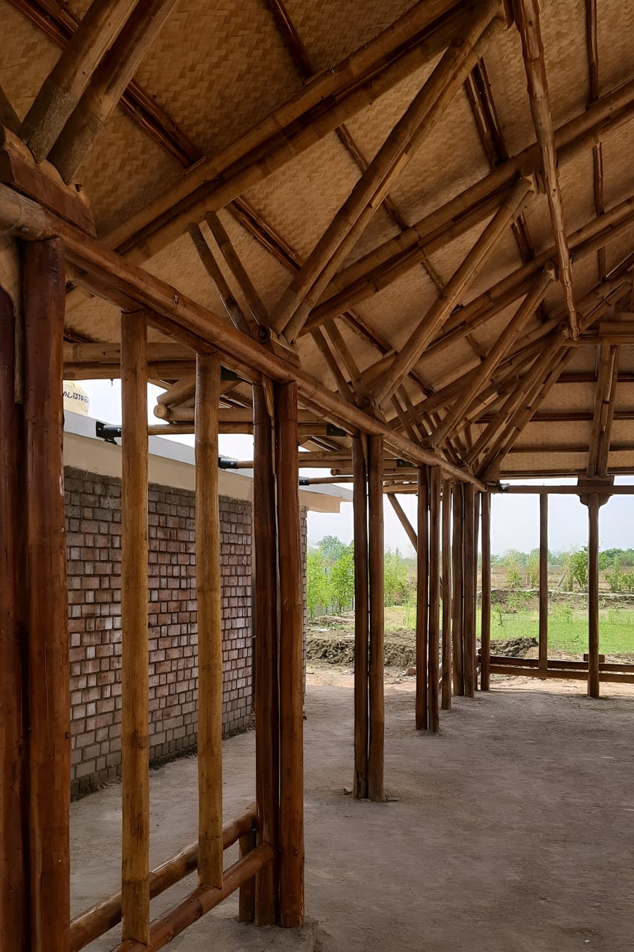 Final stages — interior view of completed bamboo ceiling
