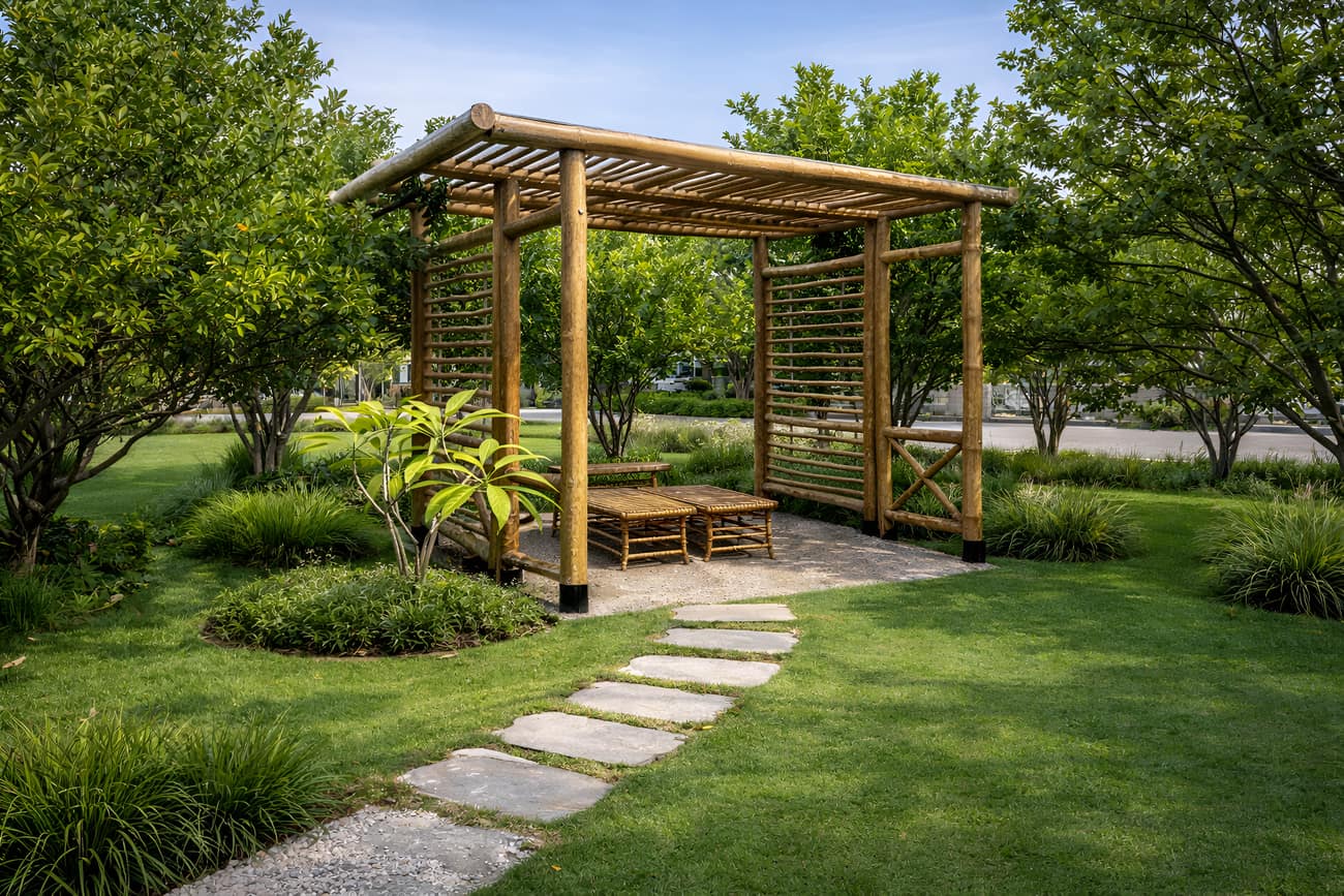 Godrej Pergola — bamboo column and beam detail